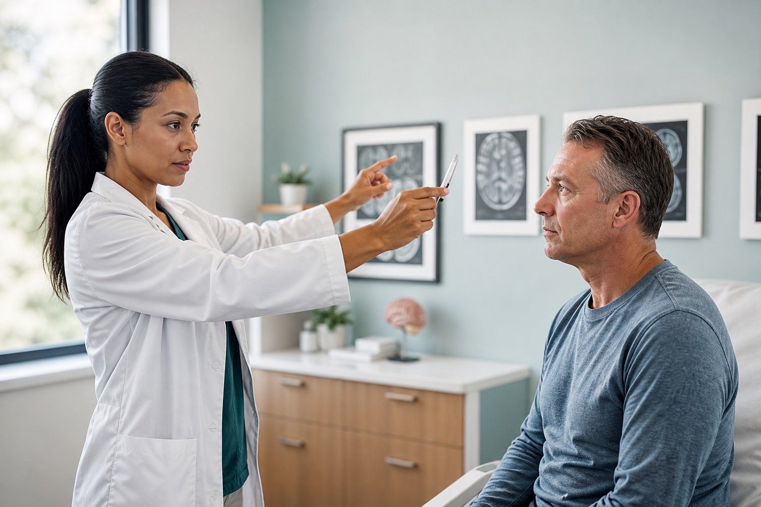 Neurologist checking eye tracking during a concussion evaluation after an accident