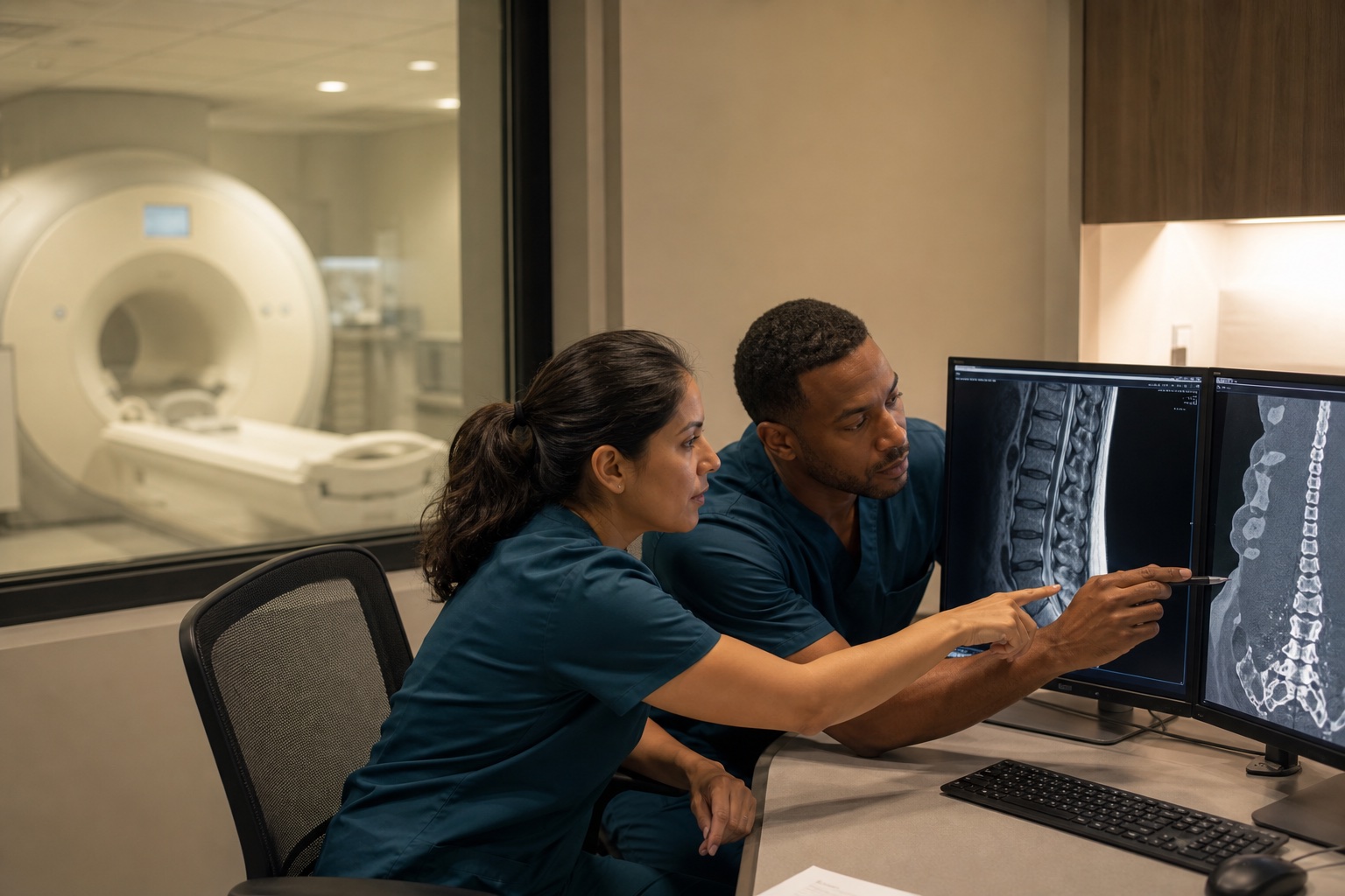 Radiologist and orthopedic physician coordinating care from MRI and CT images