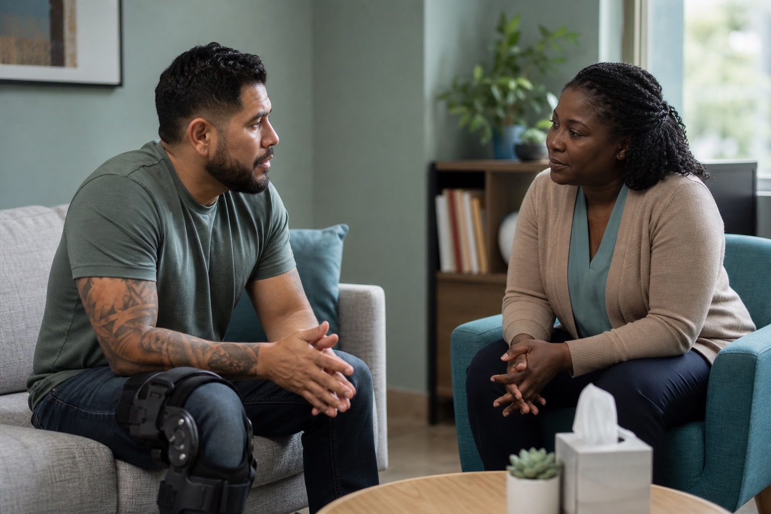 Trauma-informed counselor listening to a patient after a serious physical injury