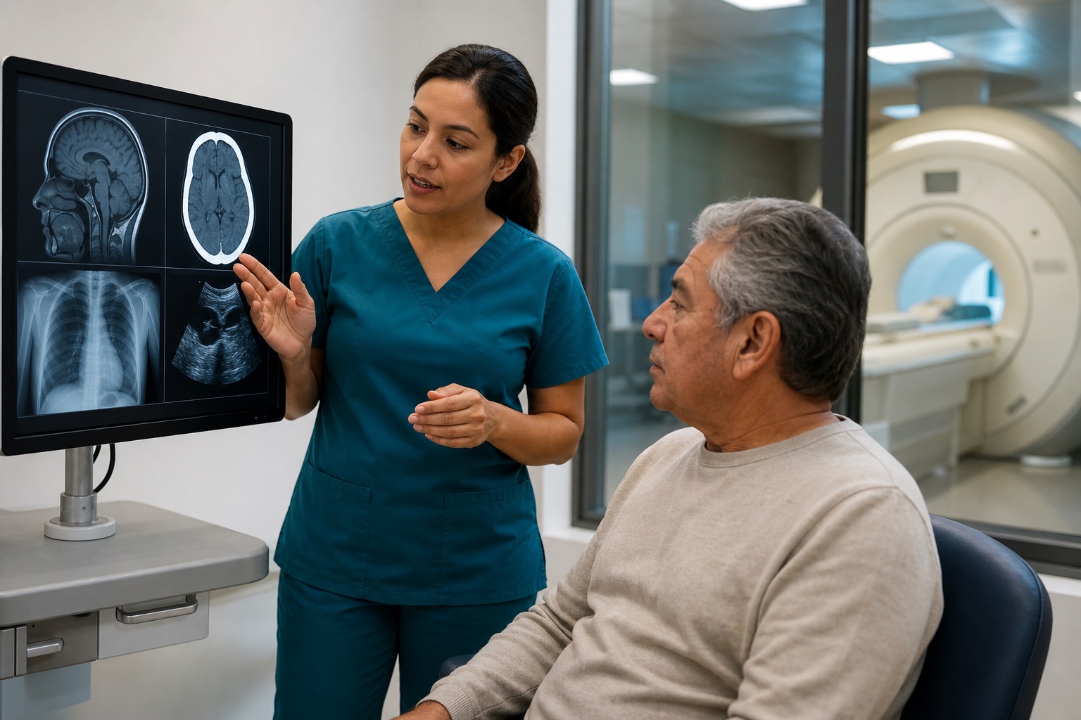Imaging technologist comparing MRI, X-ray and ultrasound studies with a patient