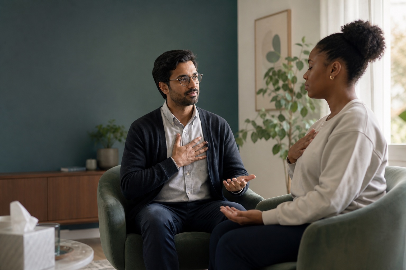 Trauma-informed counselor guiding a grounding exercise with an accident patient