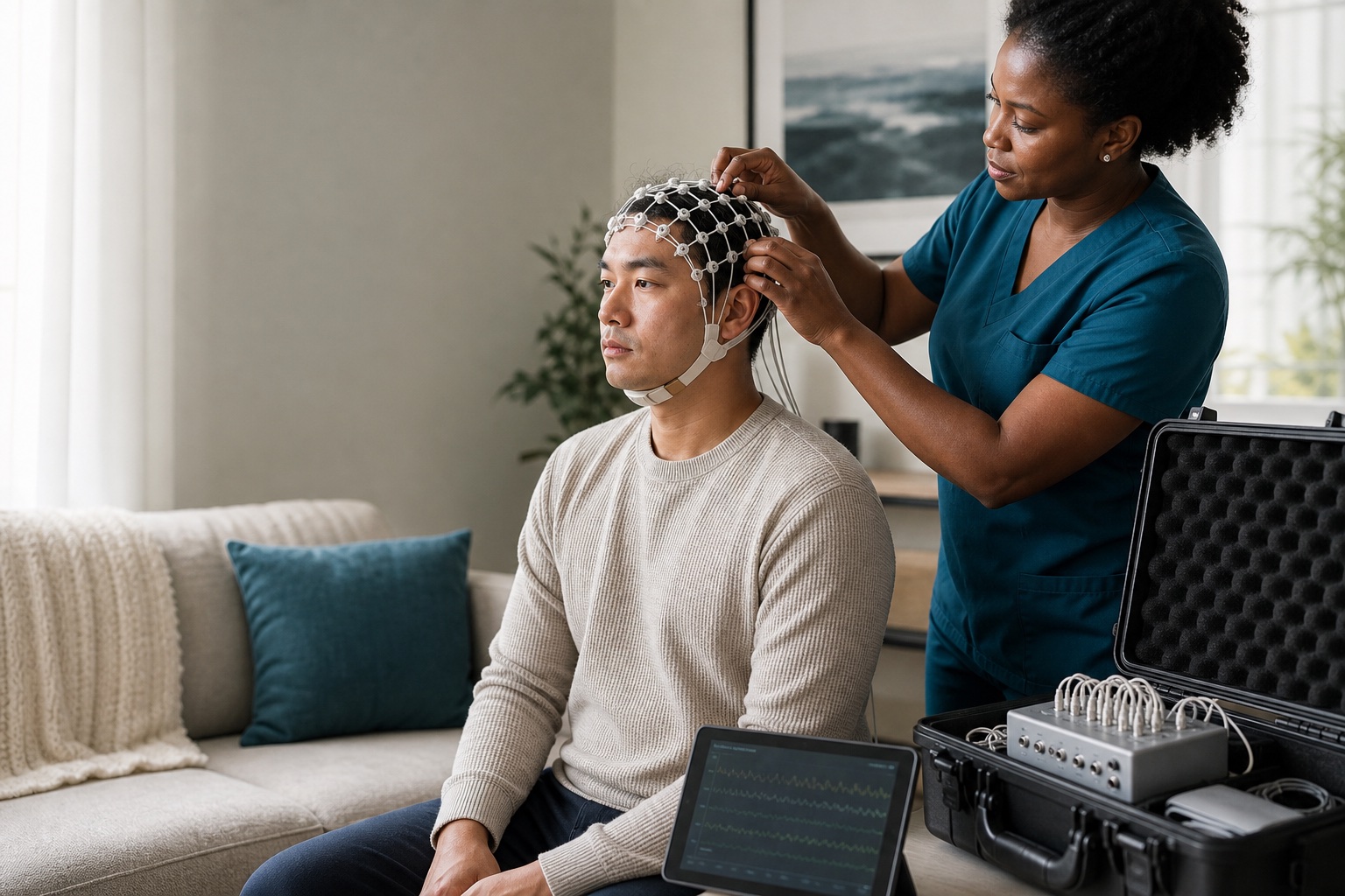 Mobile neurodiagnostic technologist fitting an EEG cap for a Texas patient