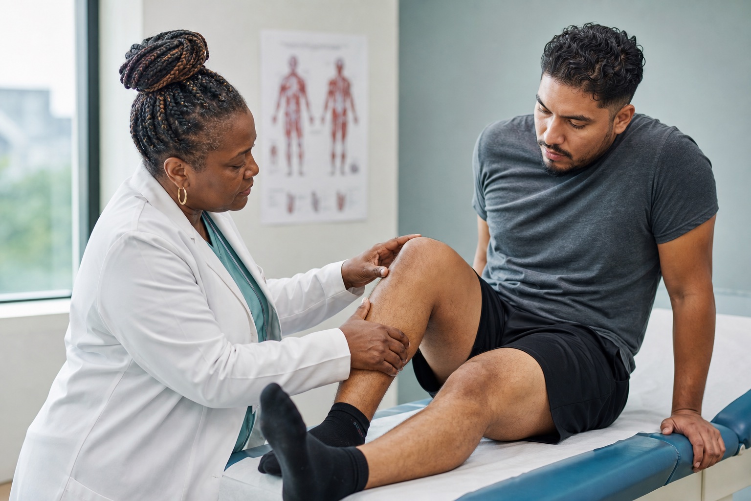Orthopedic physician evaluating a patient's knee after a car accident