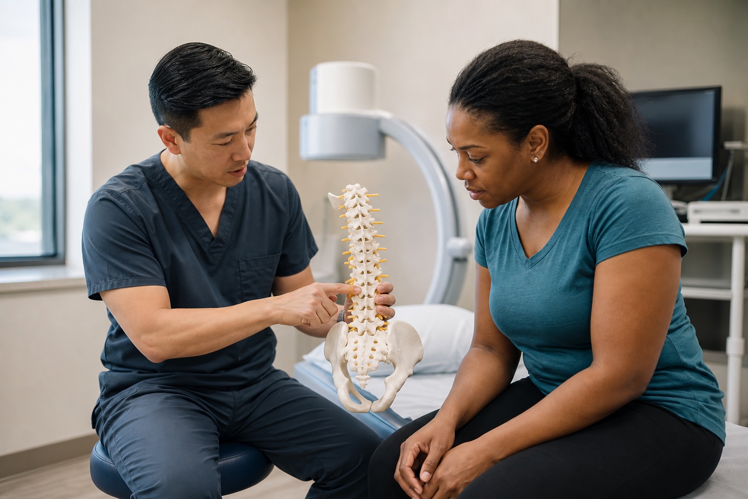 Interventional pain physician explaining a lumbar spine model to an accident patient