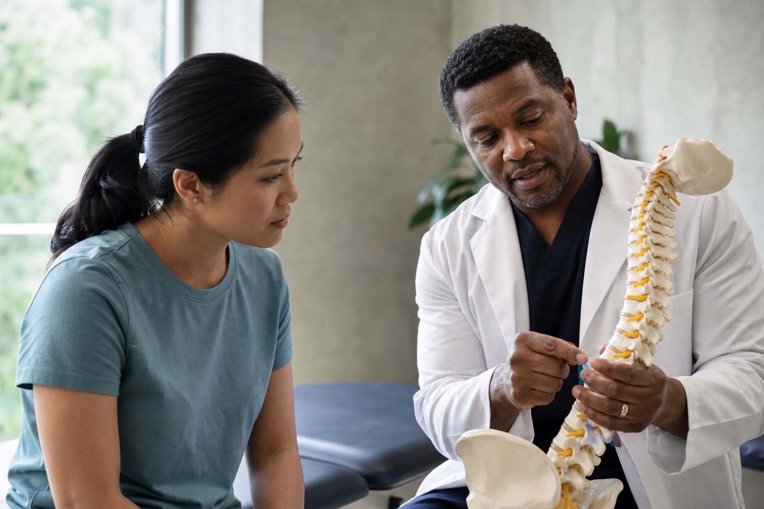 Spine physician explaining radiating neck and back pain with an anatomical model