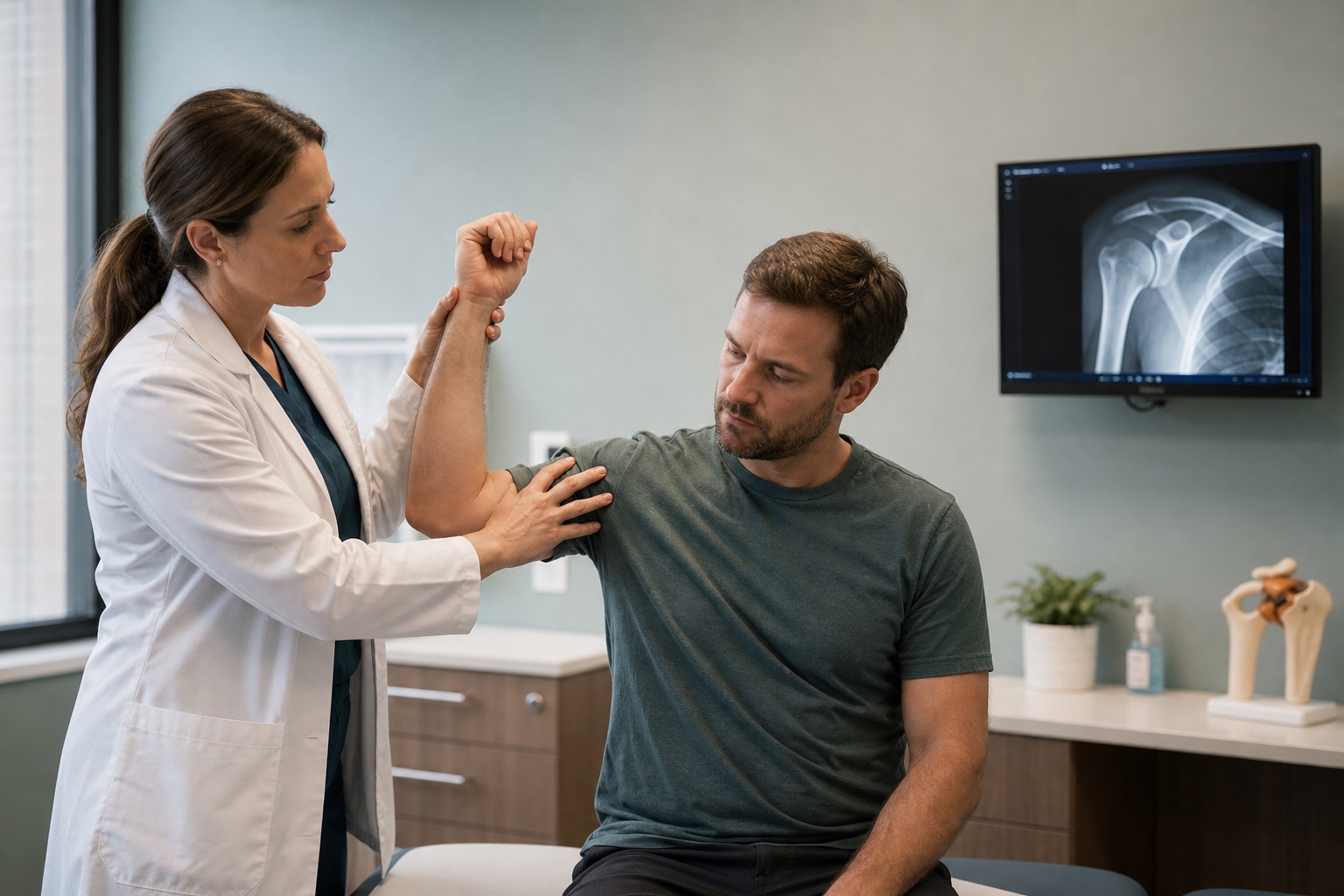 Orthopedic physician examining a soft-tissue shoulder injury beside a normal X-ray
