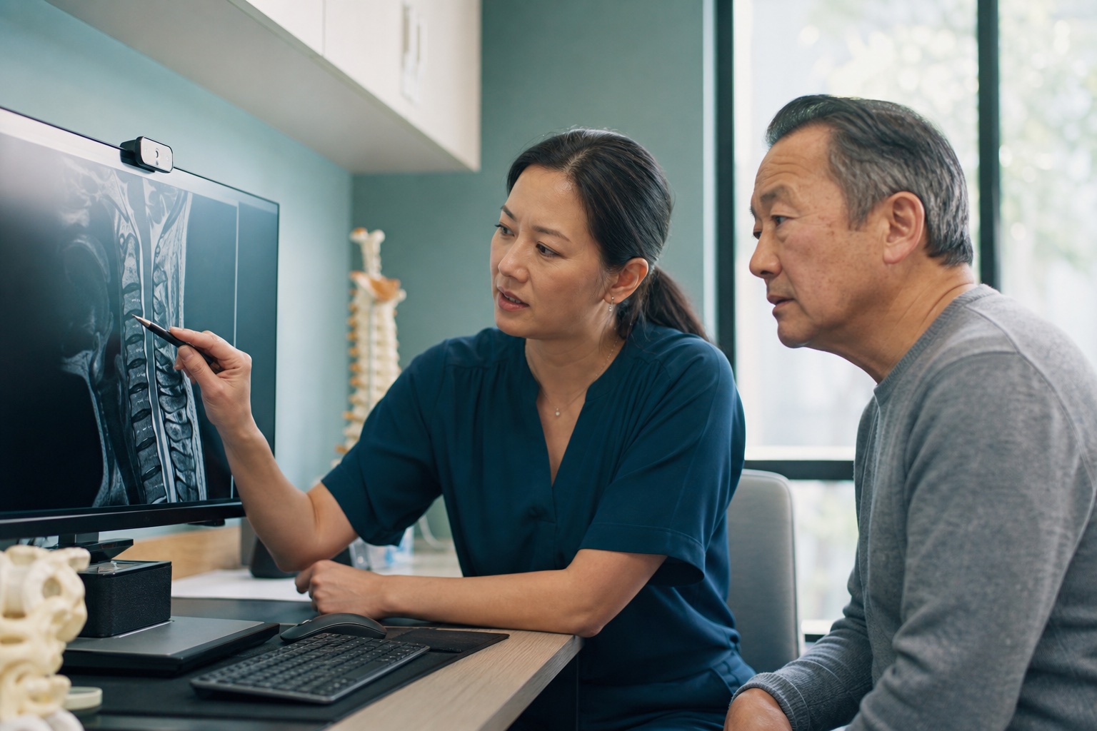 Spine specialist and patient reviewing cervical MRI findings together
