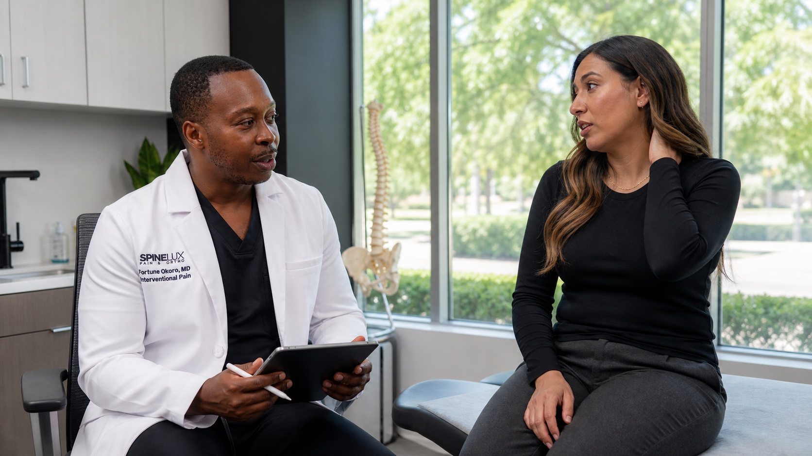 Fortune Okoro, MD, escuchando a una paciente durante una consulta de manejo del dolor