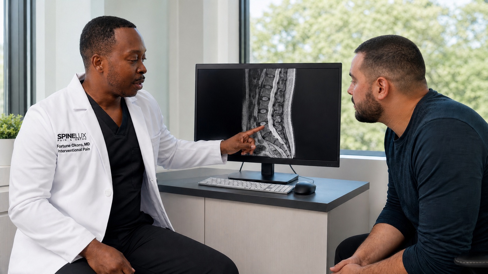 Fortune Okoro, MD, explicando una MRI lumbar a un paciente