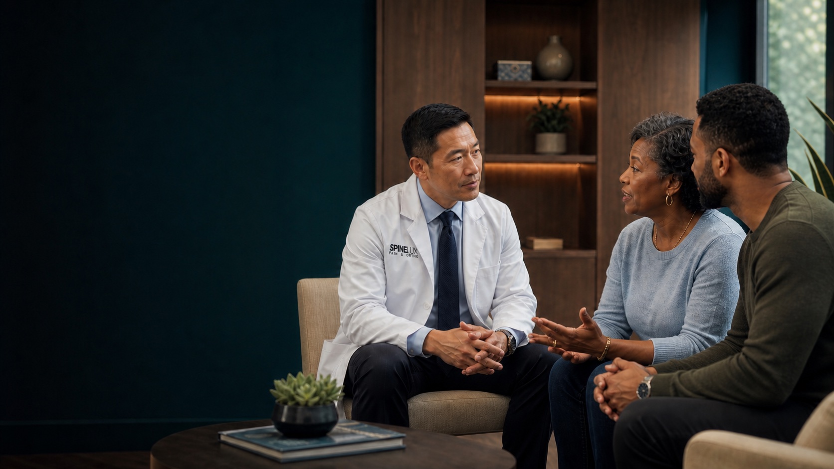 Physician listening to a patient and family member during care planning