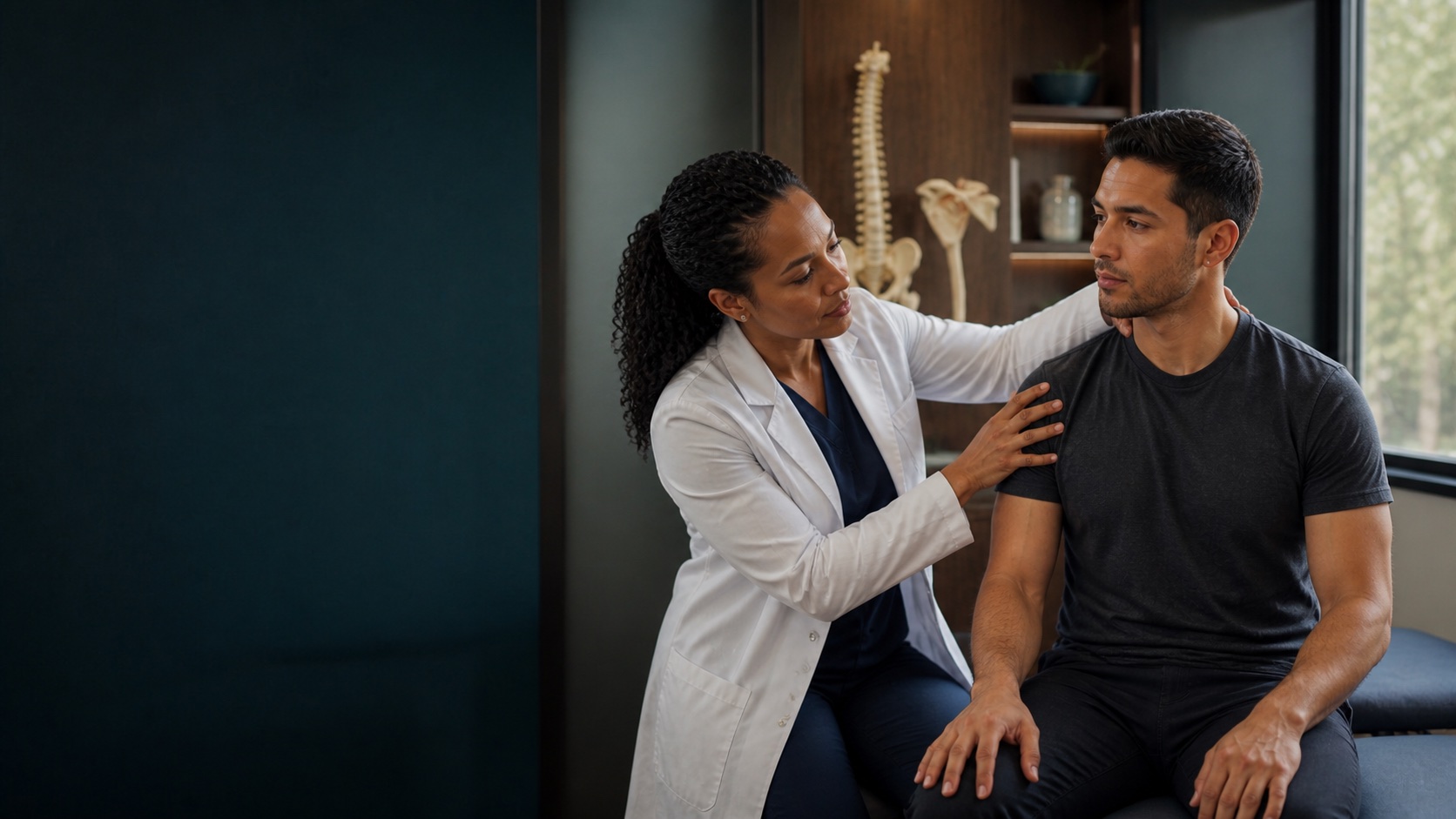 Clinician examining a patient's shoulder and neck after an injury