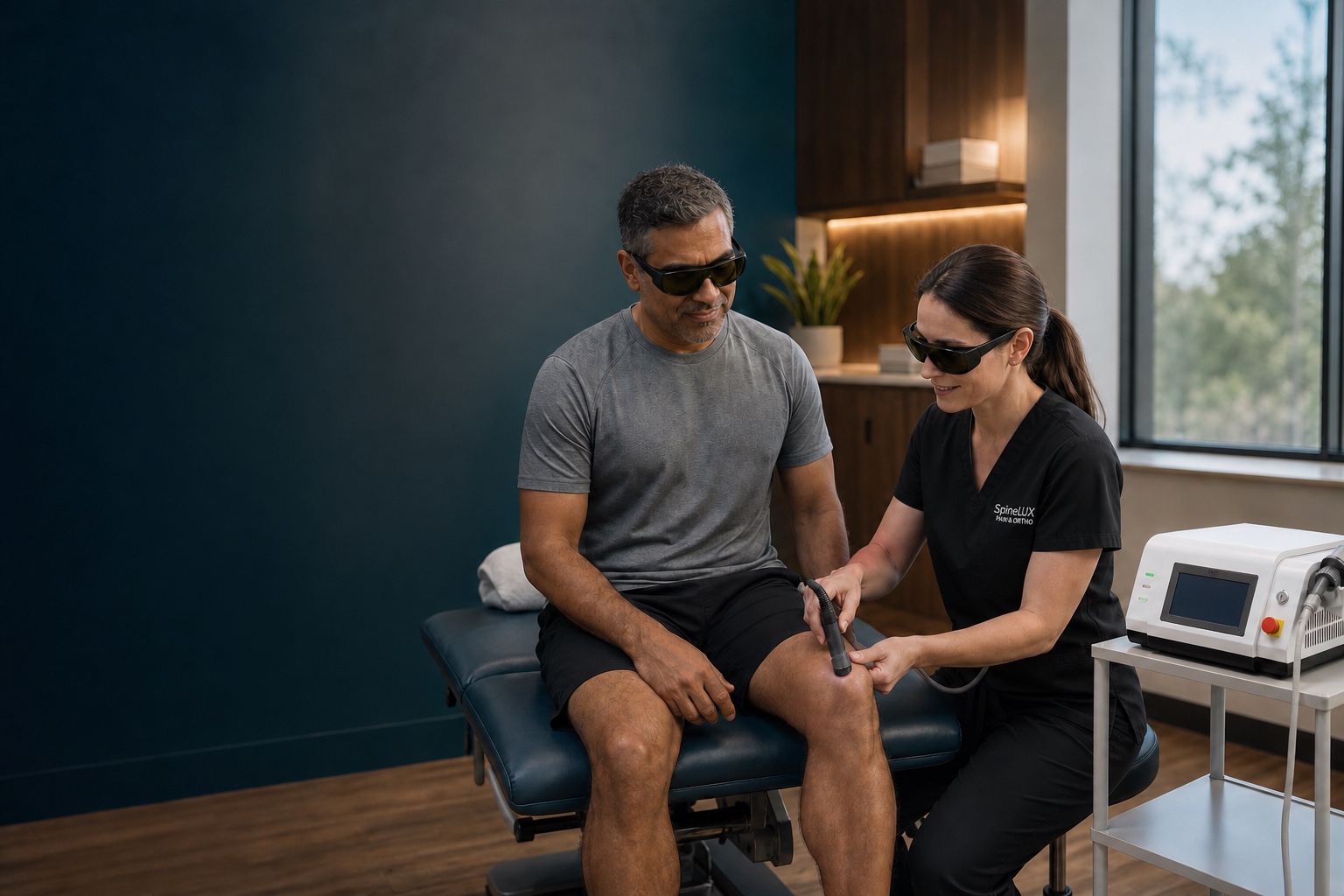 Profesional de SpineLUX con uniforme negro aplicando terapia láser de alta potencia en la rodilla de un paciente con el sistema Smart S30A