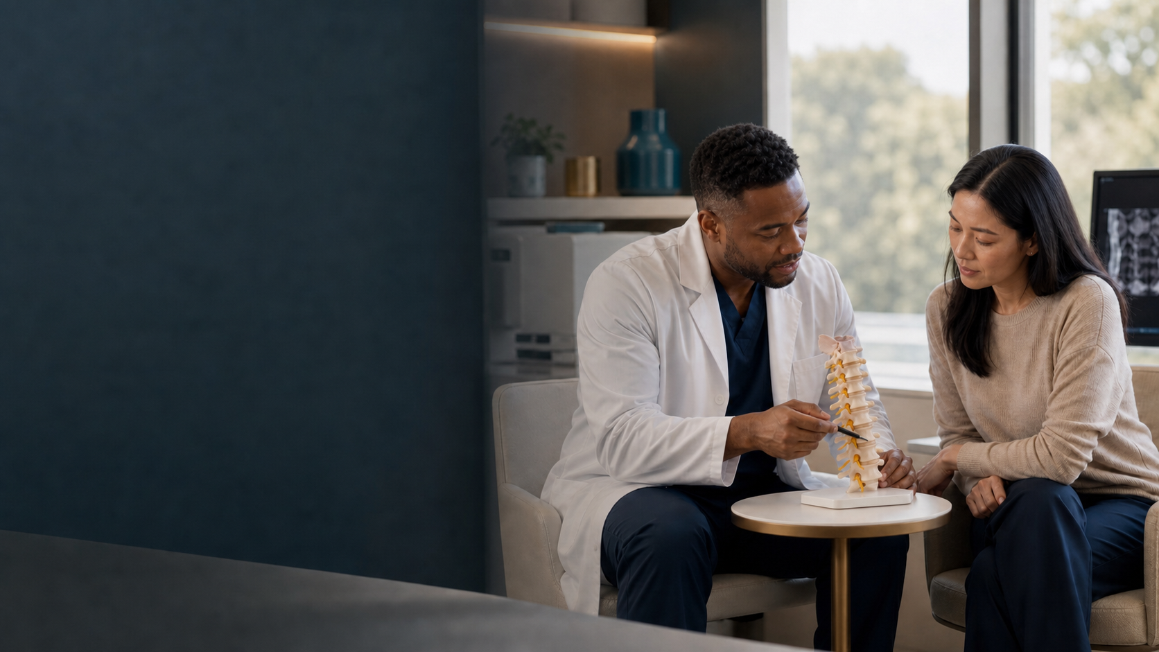 Interventional pain physician and patient reviewing a lumbar area on an anatomical spine model