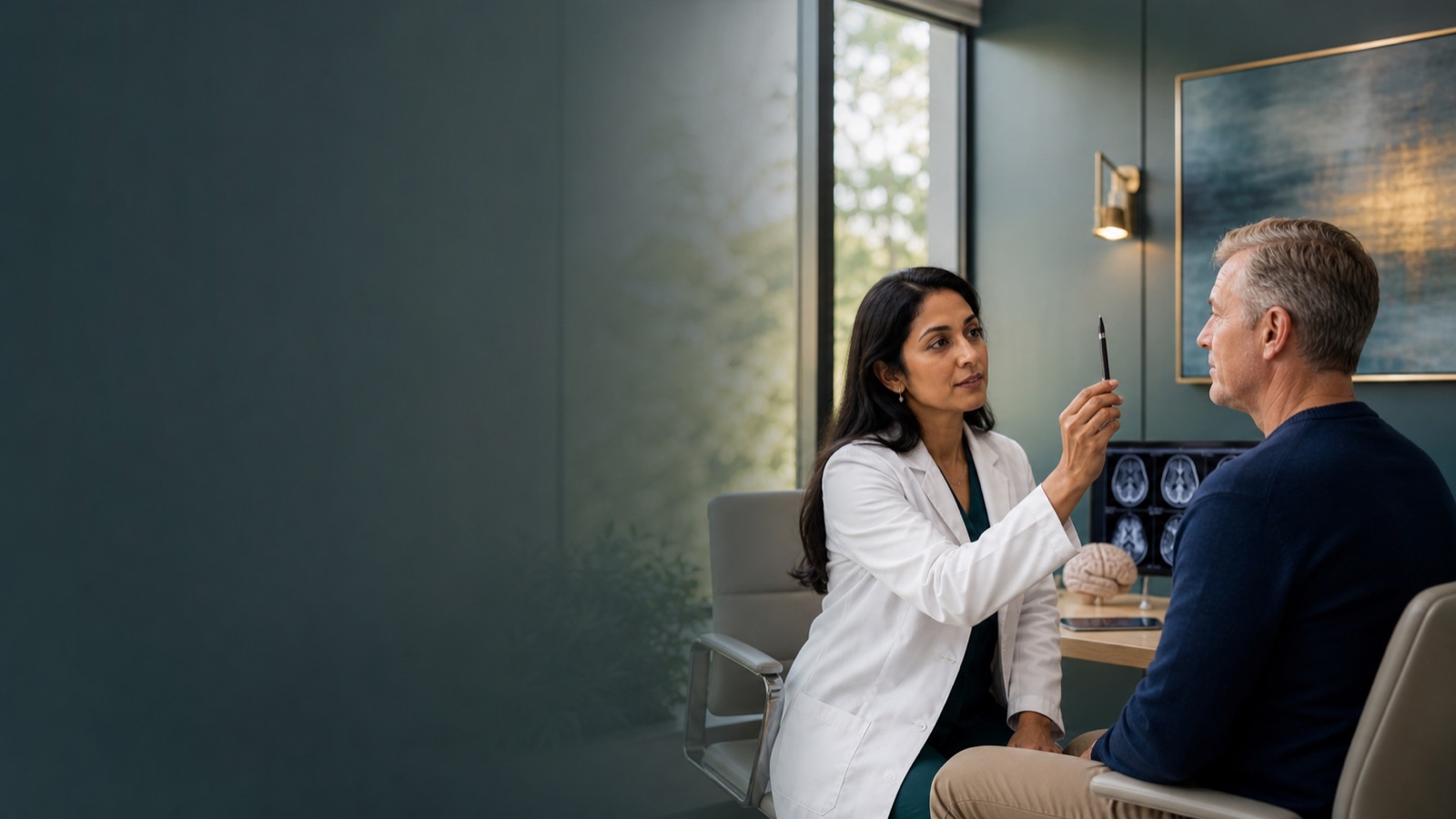Neurologist conducting an eye-tracking evaluation with a patient