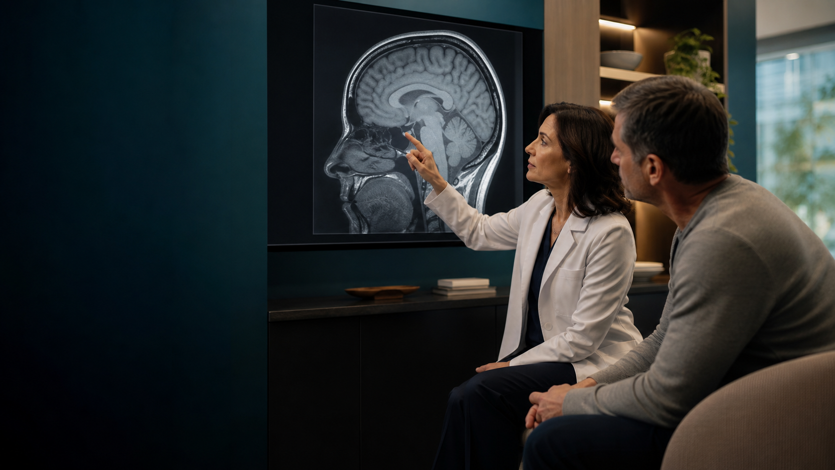 Neurologist explaining brain imaging to a patient