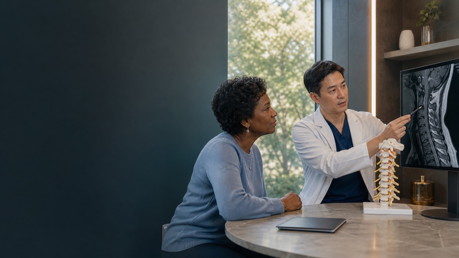 Spine specialist reviewing cervical spine imaging with a patient