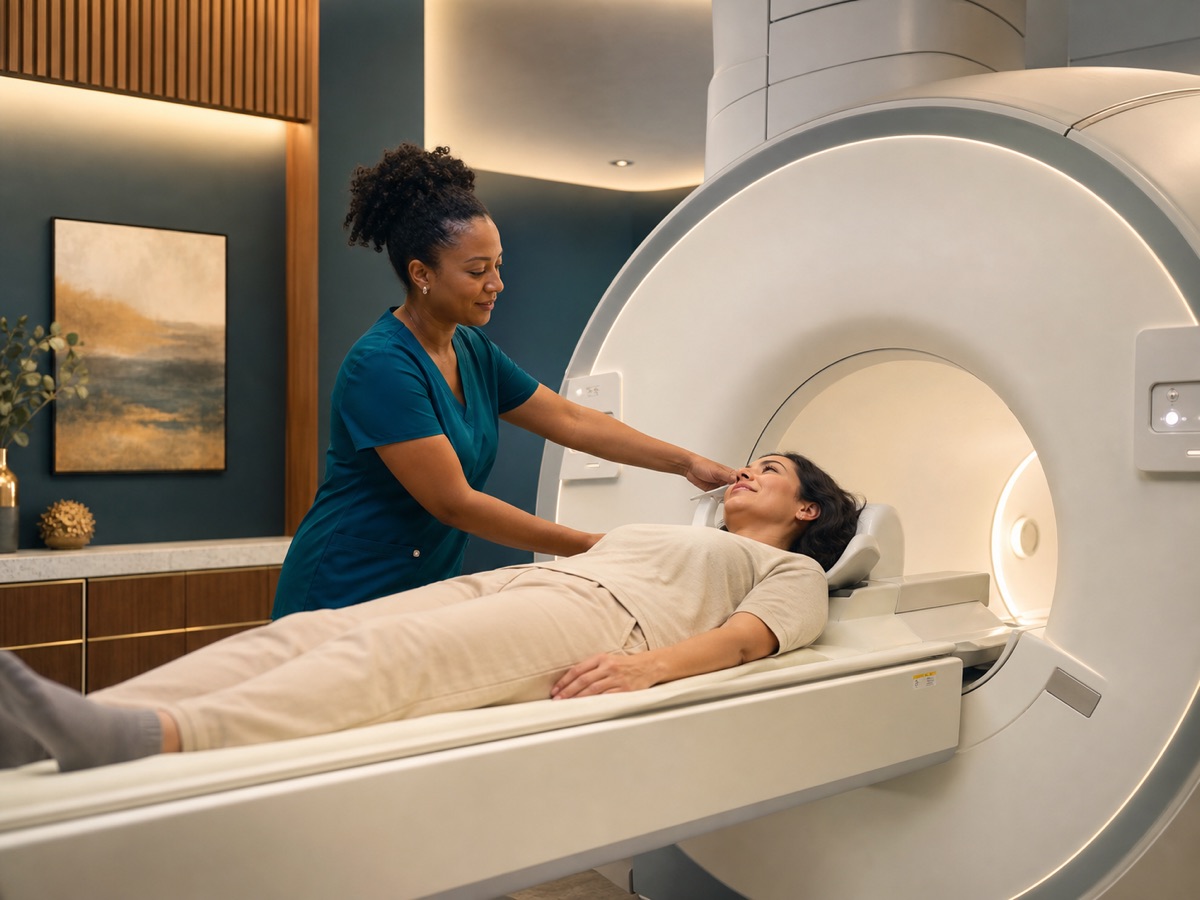 Radiologic technologist helping a patient prepare for an MRI
