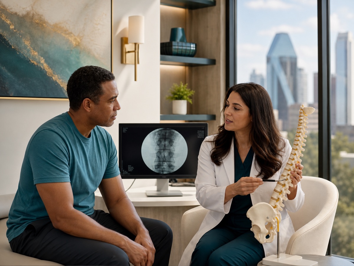 Pain medicine physician explaining spine findings to a patient
