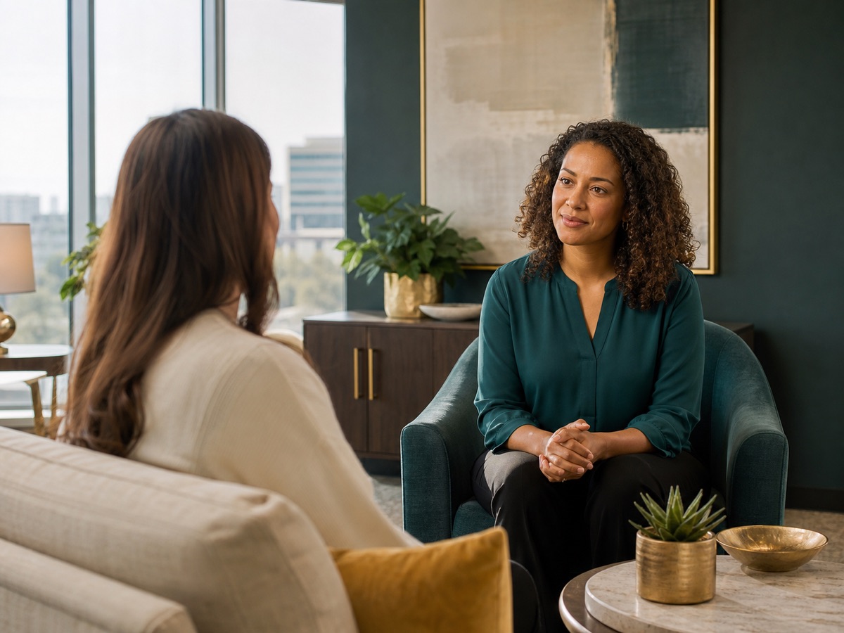 Mental health counselor listening compassionately to a patient