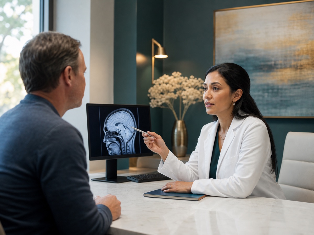 Neurologist reviewing brain imaging during a patient consultation