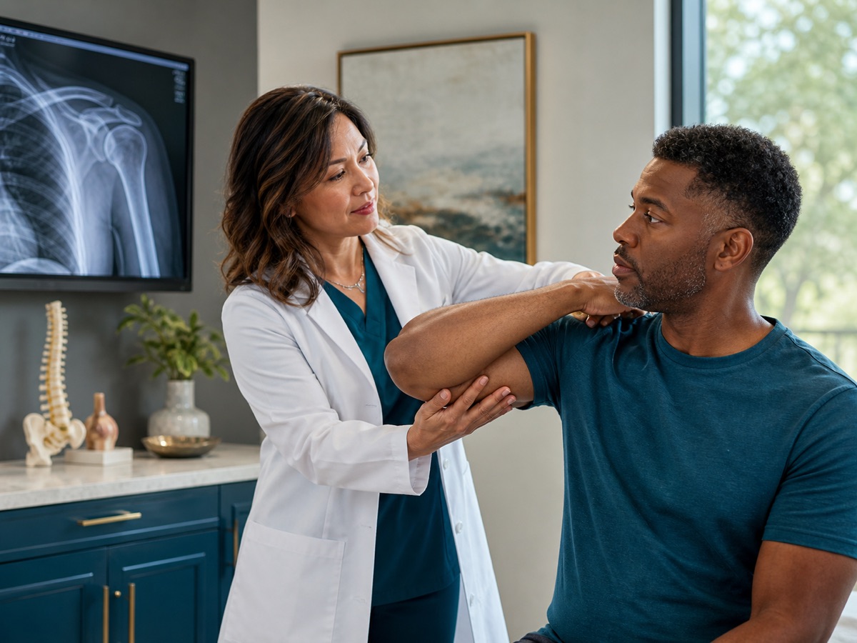 Orthopedic physician evaluating a patient's shoulder