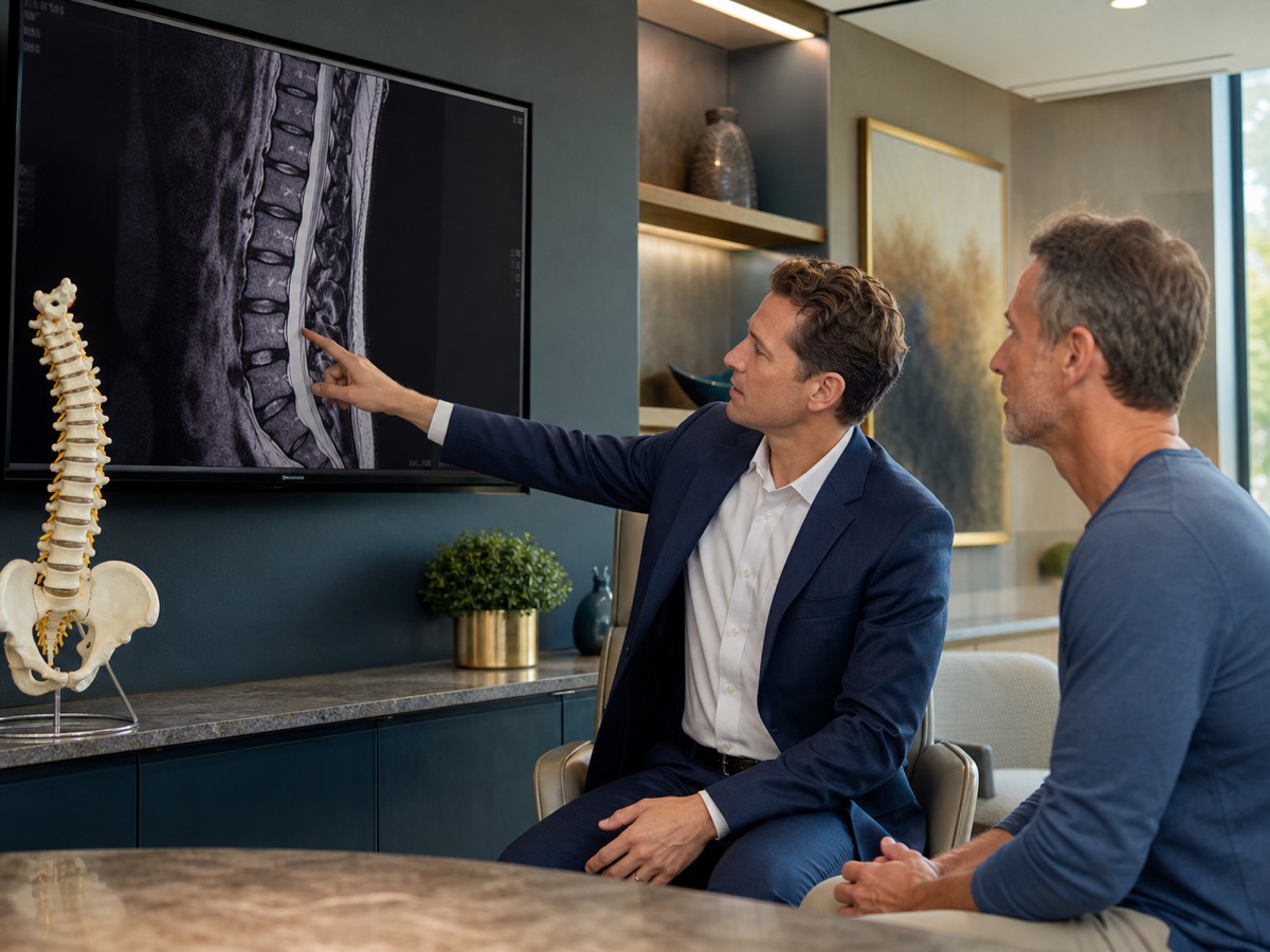 Spine specialist reviewing a lumbar MRI with a patient